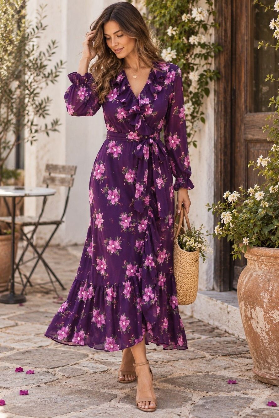 NWT Draper James Floral Wrap Midi Dress M Plum Ruffle Long Sleeve Garden Wedding